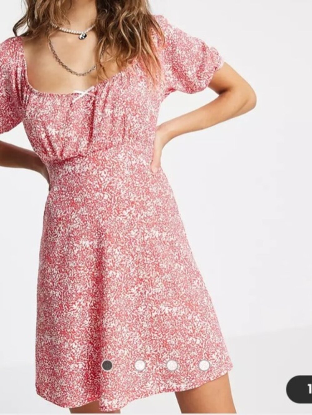 Topshop Red Floral Bardot Mini Dress Puff Sleeve Ruched Bust Size 6